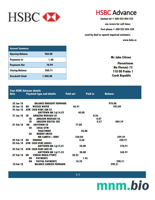 Wyciąg z czeskiego banku HSBC łatwy do wypełnienia szablon w formacie Excel i PDF